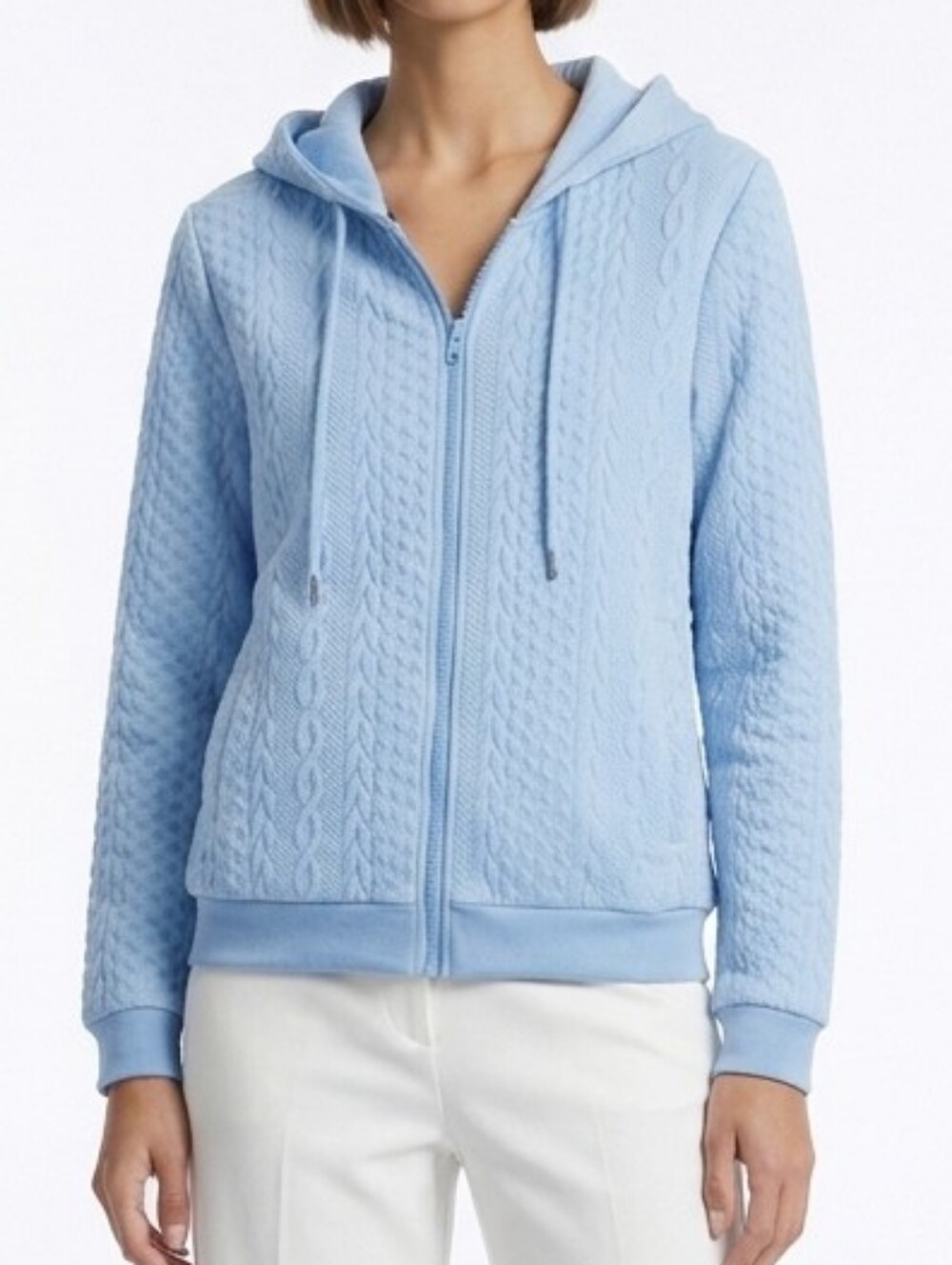 Light Blue Cable-Knit Detail Full Zip Hoodie - Women's Top XL